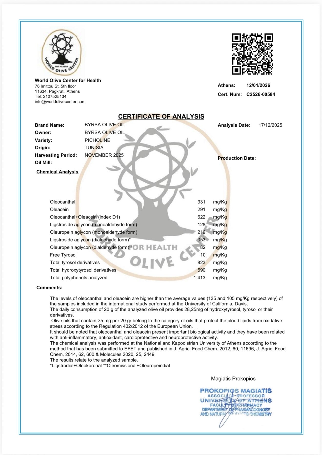 BYRSA Picholine Ultra High Polyphenol 1413mg/KG Organic Extra Virgin Olive Oil 500ml
