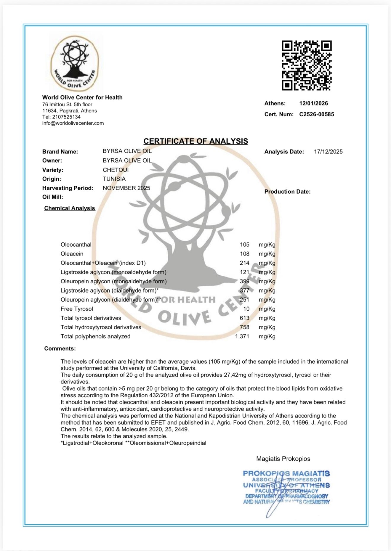 BYRSA Picholine independent laboratory report showing 1,413 mg/kg total polyphenols
